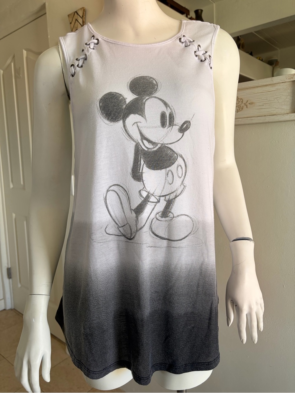 Disney White & Gray Ombré  Mickey Mouse Lace-Up Shoulder Tank Top Size XXL